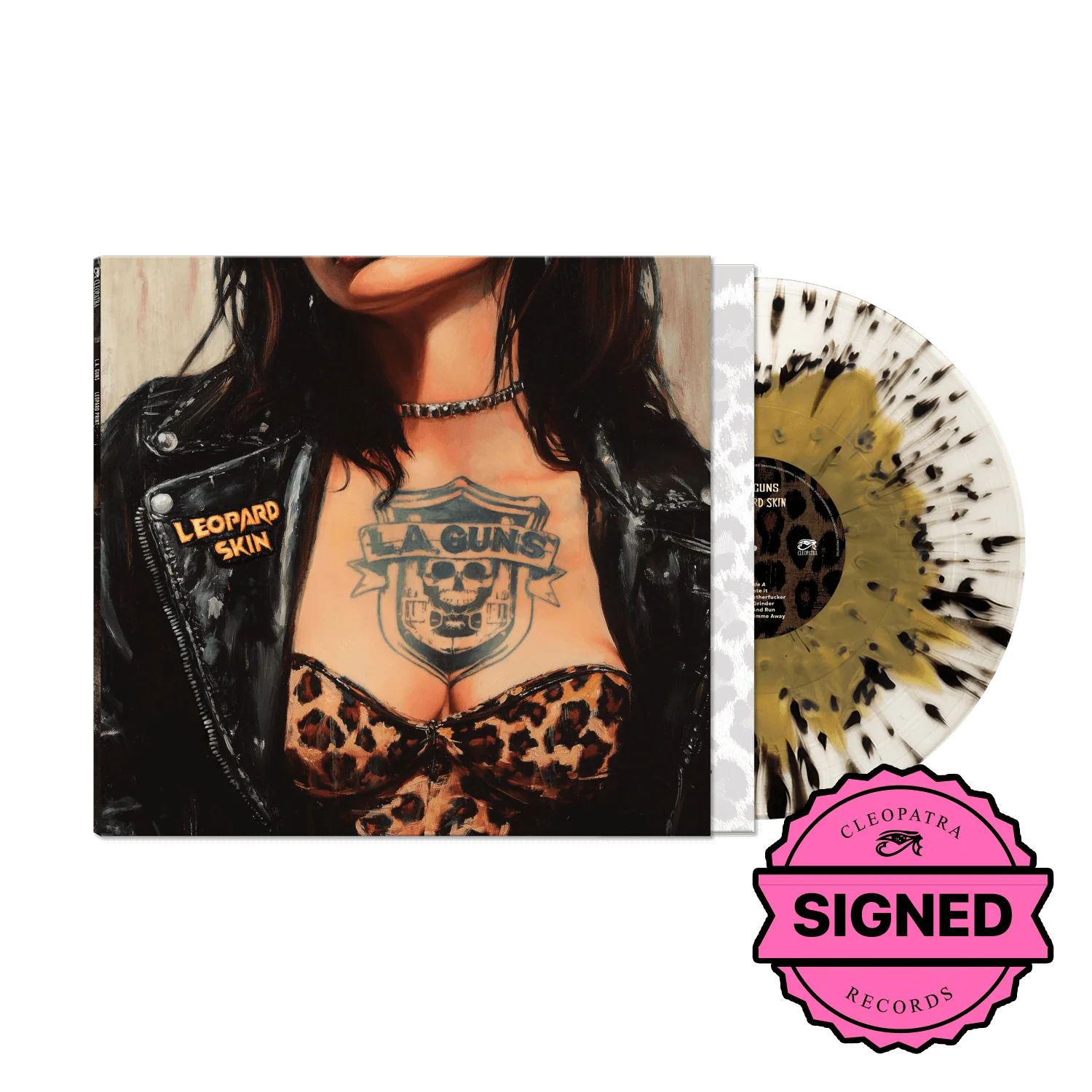 L.A. Guns - Leopard Skin (Gold/White/Black Splatter Vinyl LP - Signed by Tracii Guns + Official Silk Wall Tapestry Bundle) - Image 3
