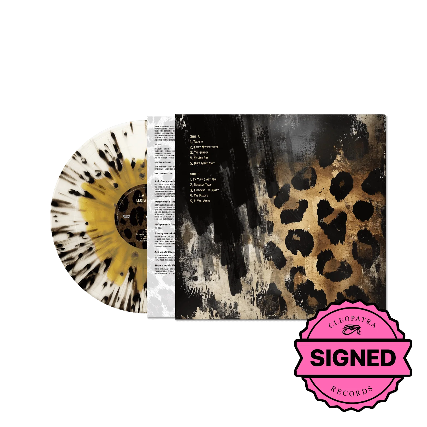 L.A. Guns - Leopard Skin (Gold/White/Black Splatter Vinyl LP - Signed by Tracii Guns + Official Silk Wall Tapestry Bundle) - Image 4